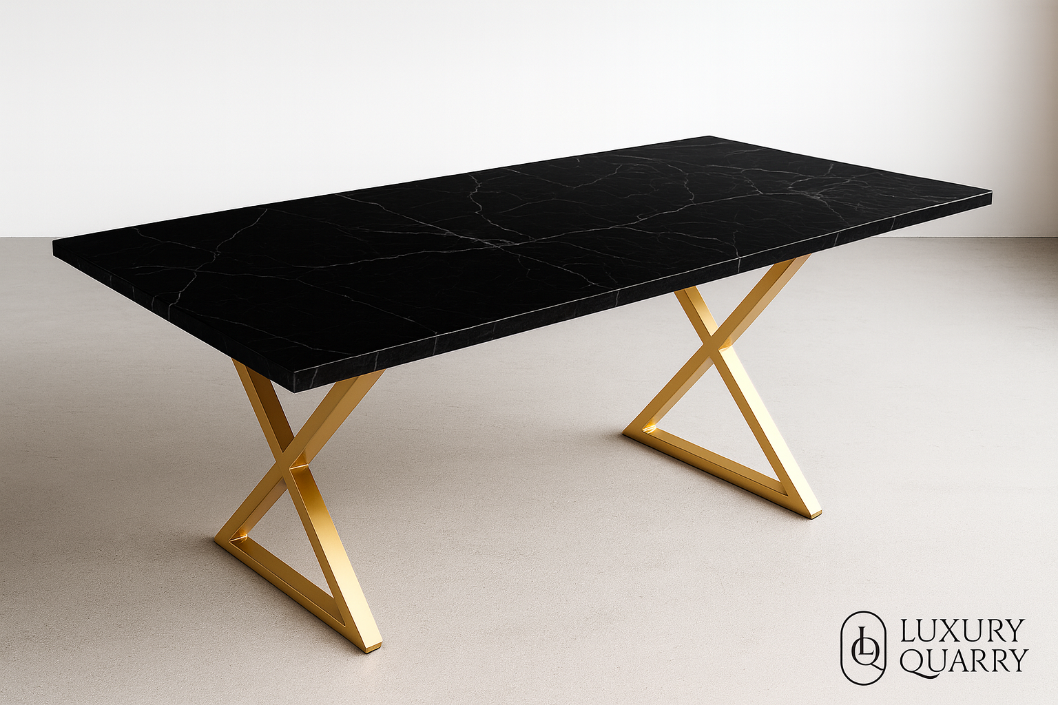 Nero Marquina Dining Table with X - Shaped Gold Base - Luxury Quarry