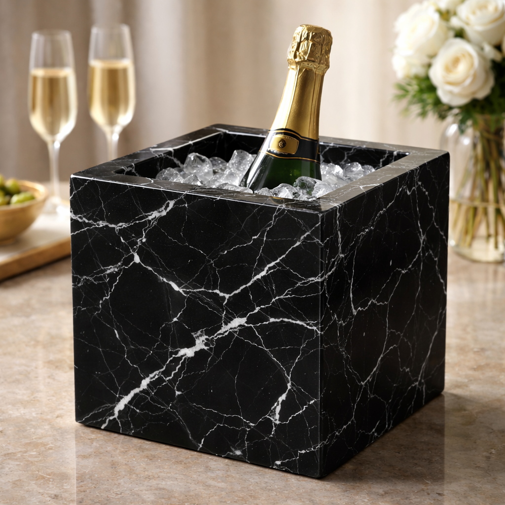 Nero Marquina Marble Wine & Champagne Cooler – Luxury Black Stone Ice Bucket - Luxury Quarry