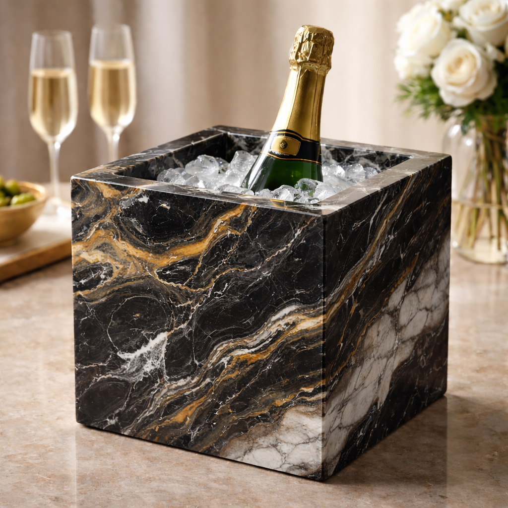 Luxury Black Quartzite Champagne & Wine Cooler – Square Ice Bucket for Entertaining