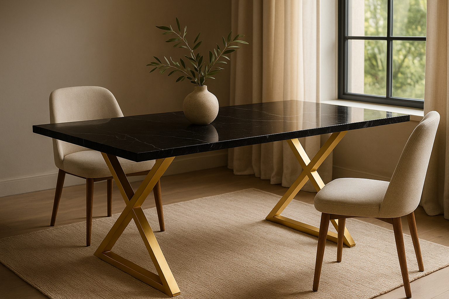 Nero Marquina Dining Table with X - Shaped Gold Base - Luxury Quarry