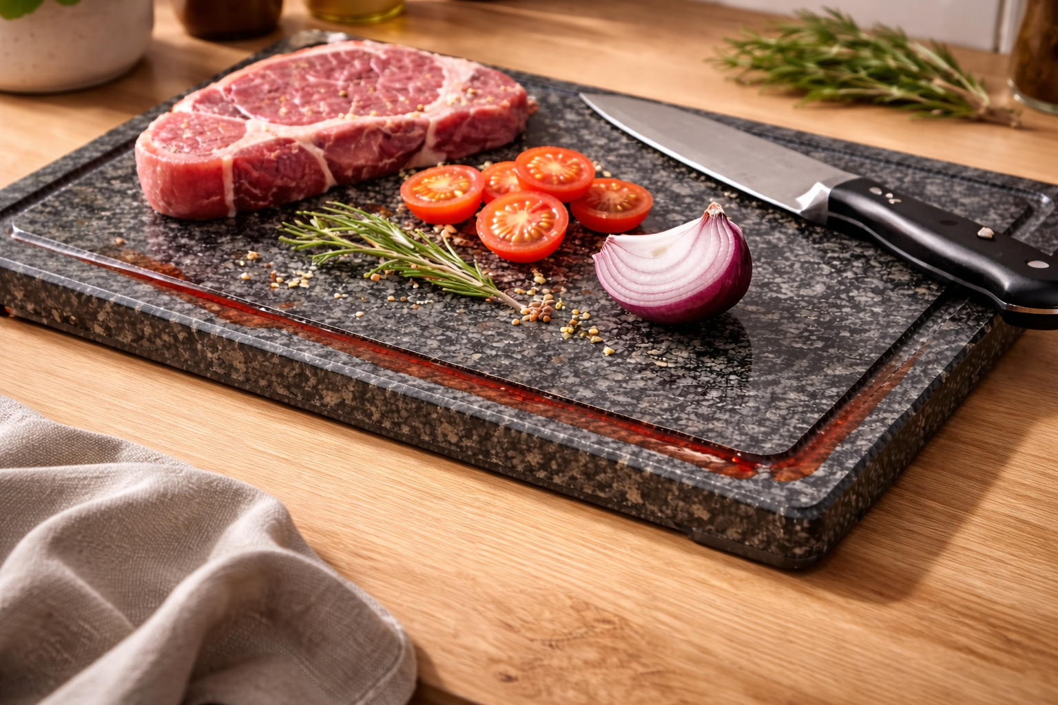 LuxuryQuarry Granite Cutting Board with Juice Groove – 40 × 30 × 2 cm – Premium Jasberg Stone – Dishwasher Safe - Luxury Quarry