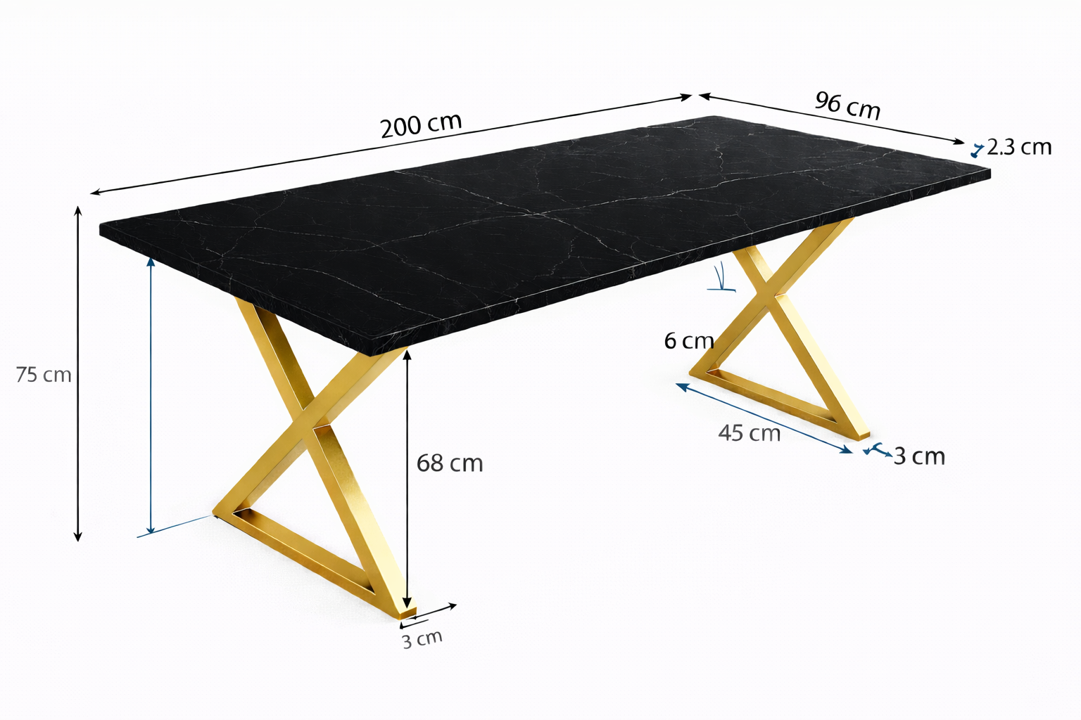 Nero Marquina Dining Table with X - Shaped Gold Base - Luxury Quarry